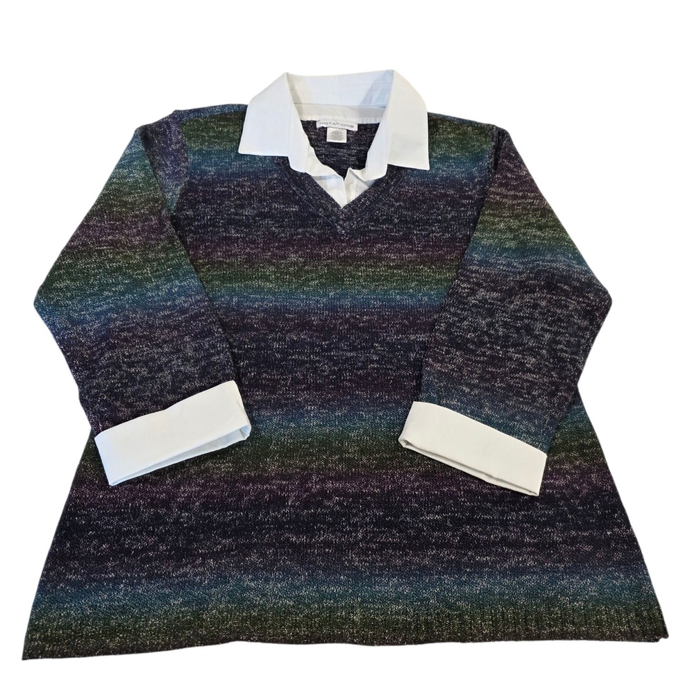 Notations Blouse Top Womens Multicolor L Striped Collared 3/4 Sleeve V Neck